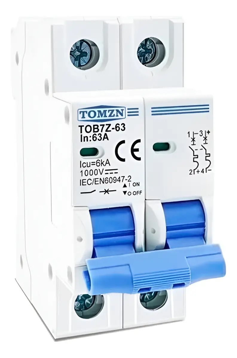 Interruptor termomagnético Riel Din 2 Polos 1000V DC