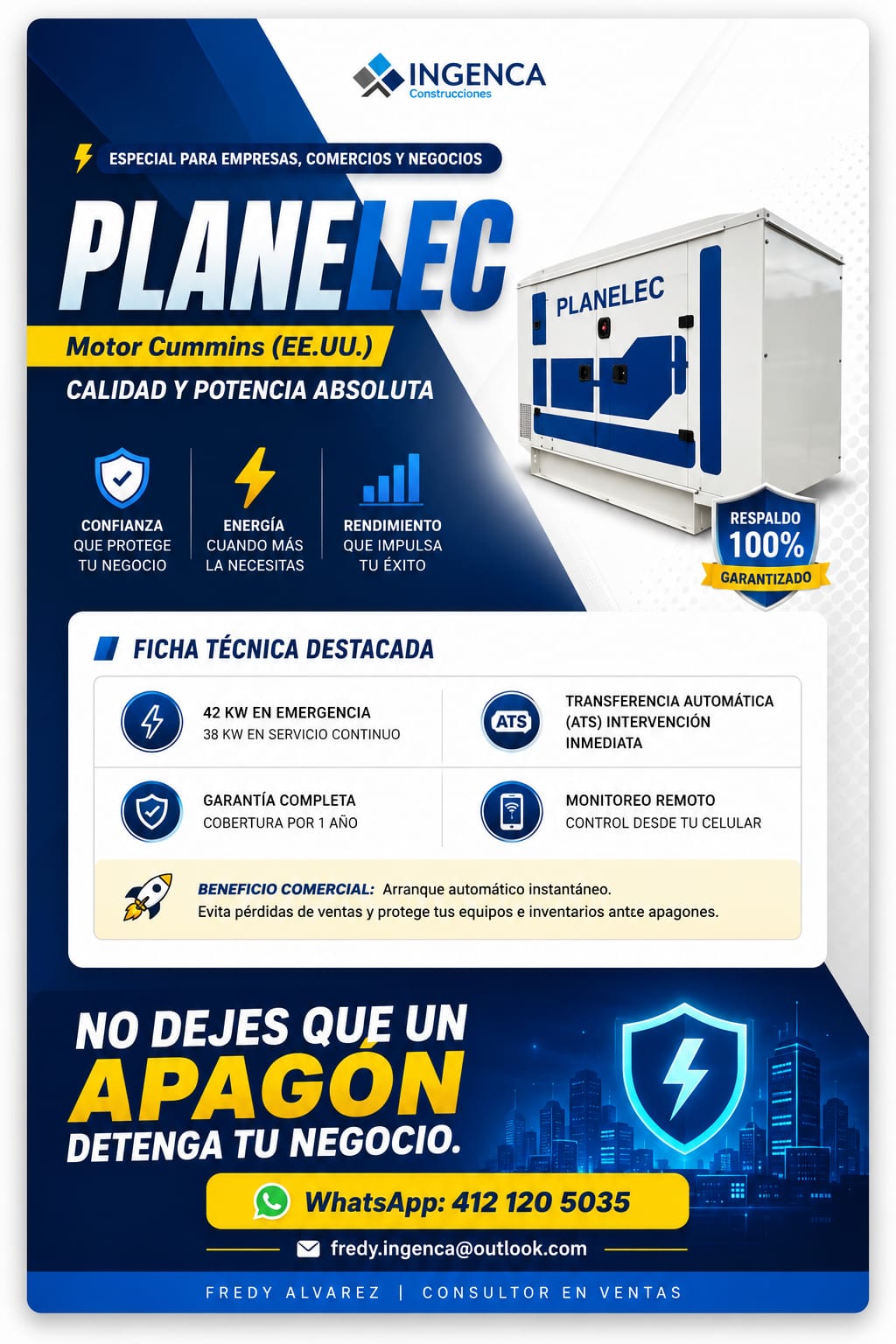 Planta de Emergencia de energía PLANELEC 42kW con Motor Cummins y ATS