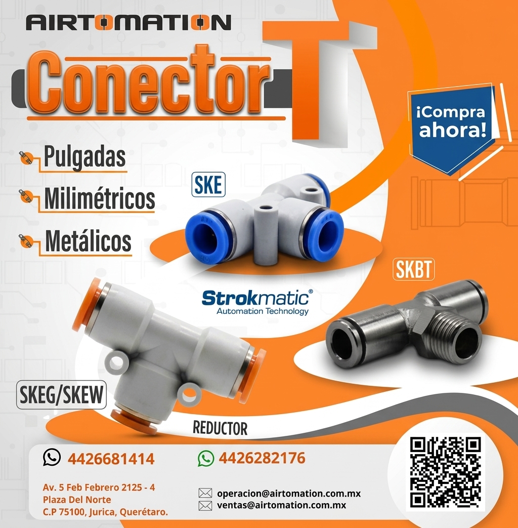 Conector Tipo T Neumático Instantáneo Strokmatic para Distribución de Aire en Industria Automotriz