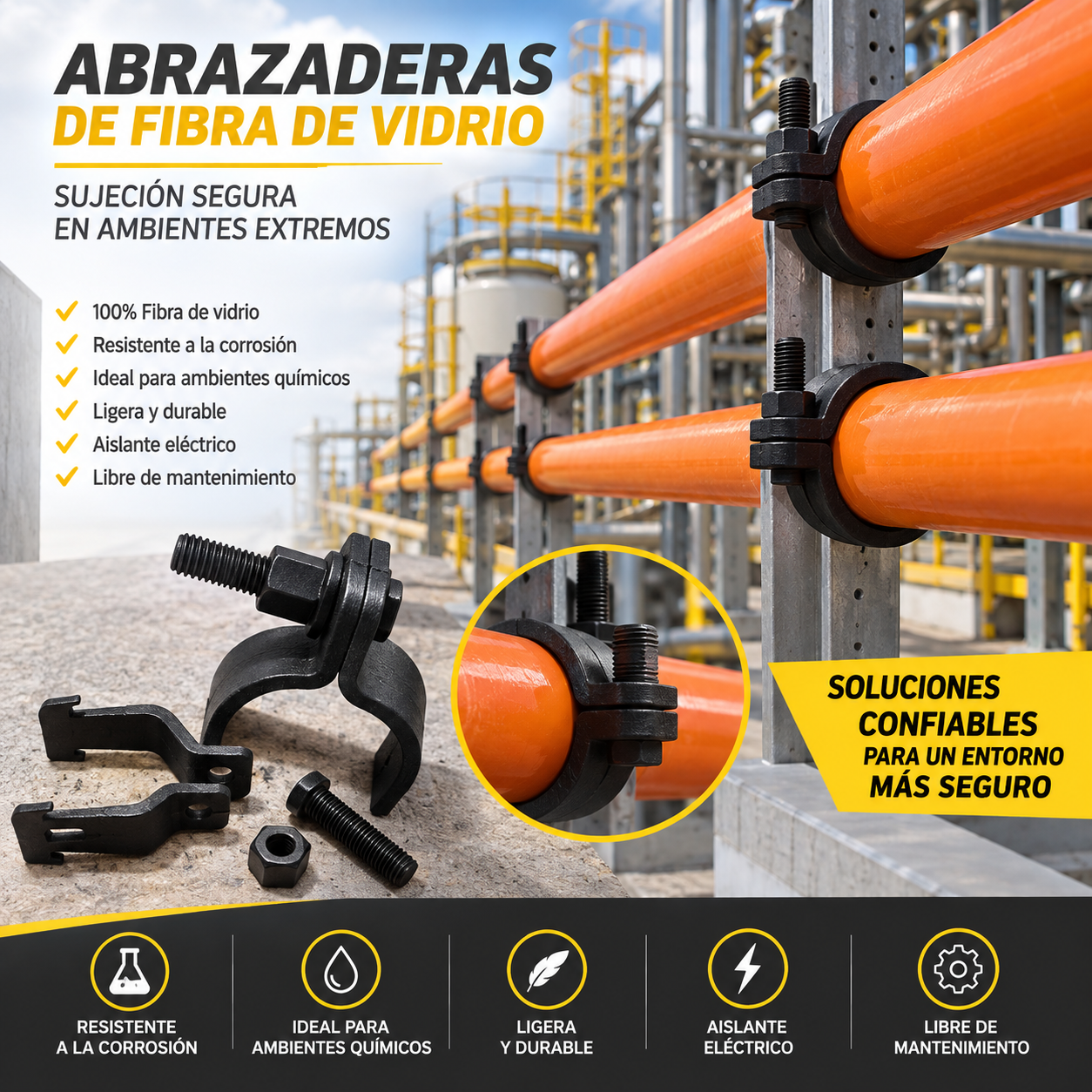 Abrazaderas no Metálicas soportería no metálica en PRFV Mexican Fibers para tuberías industriales