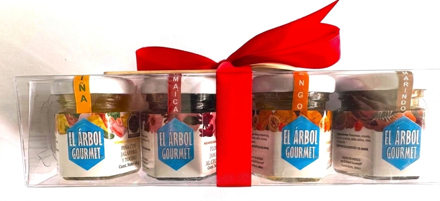 Arcones navideños Set en caja de acetato con 4 mini mermeladas artesanales gourmet con un toque de chile 45 g c/u